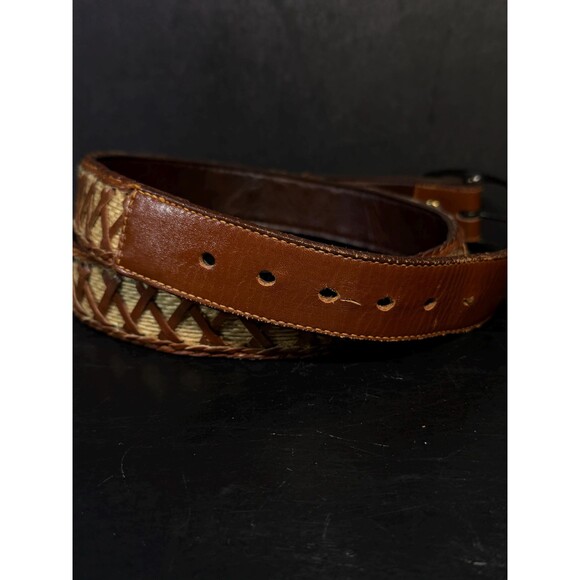 Vintage Hand Laced Leather Belt Woven Jute Inlay Brown Size 36 Boho